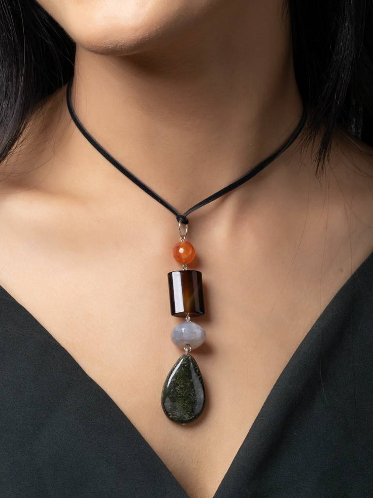 Semi Precious Brown Orange Green Onyx Agate Jasper Sleek Necklace With Adjustable Suede Cord : LAANP335