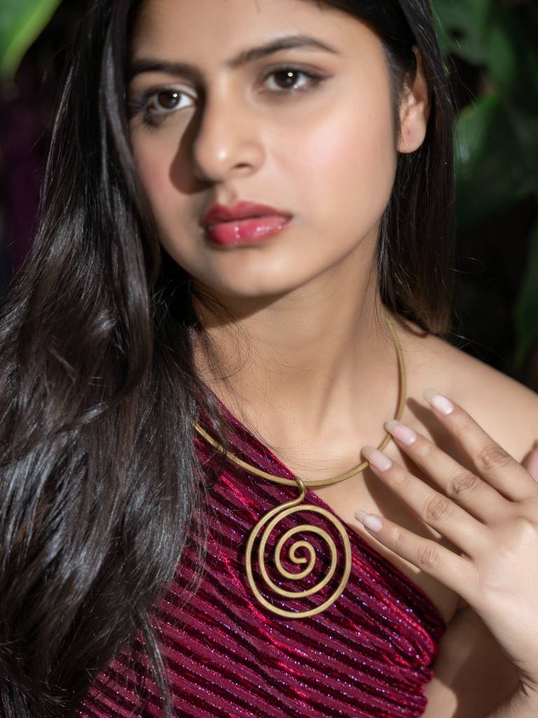 Handmade Dokra Brass Circular Spiral Hasli Necklace With Intricate Design For Ethnic And Western Styles : LAANP63