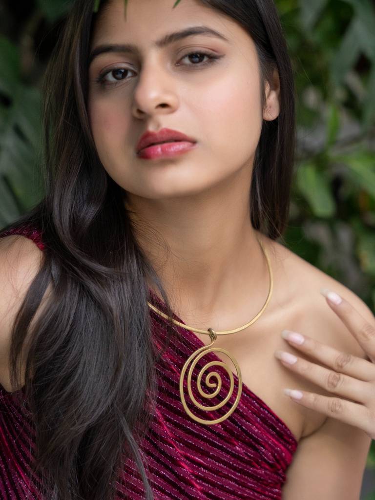 Handmade Dokra Brass Circular Spiral Hasli Necklace With Intricate Design For Ethnic And Western Styles : LAANP63