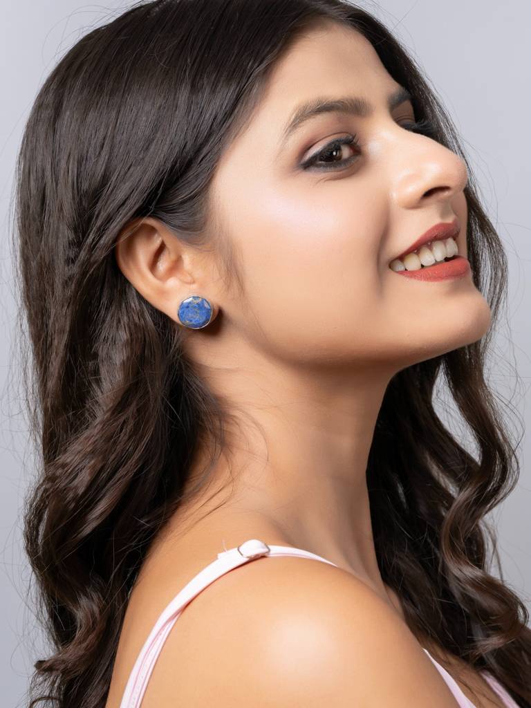 Semi Precious Lapis Lazuli Oxidized Silver Circular Stud Earrings : LAAER818