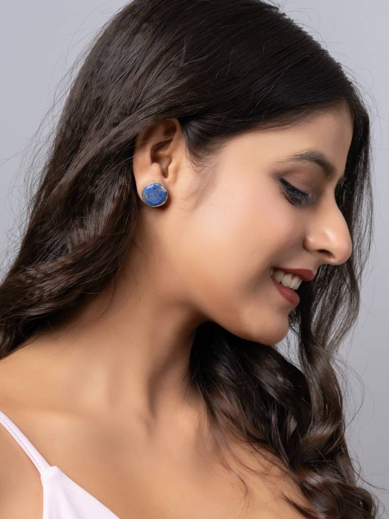 Semi Precious Lapis Lazuli Oxidized Silver Circular Stud Earrings : LAAER818