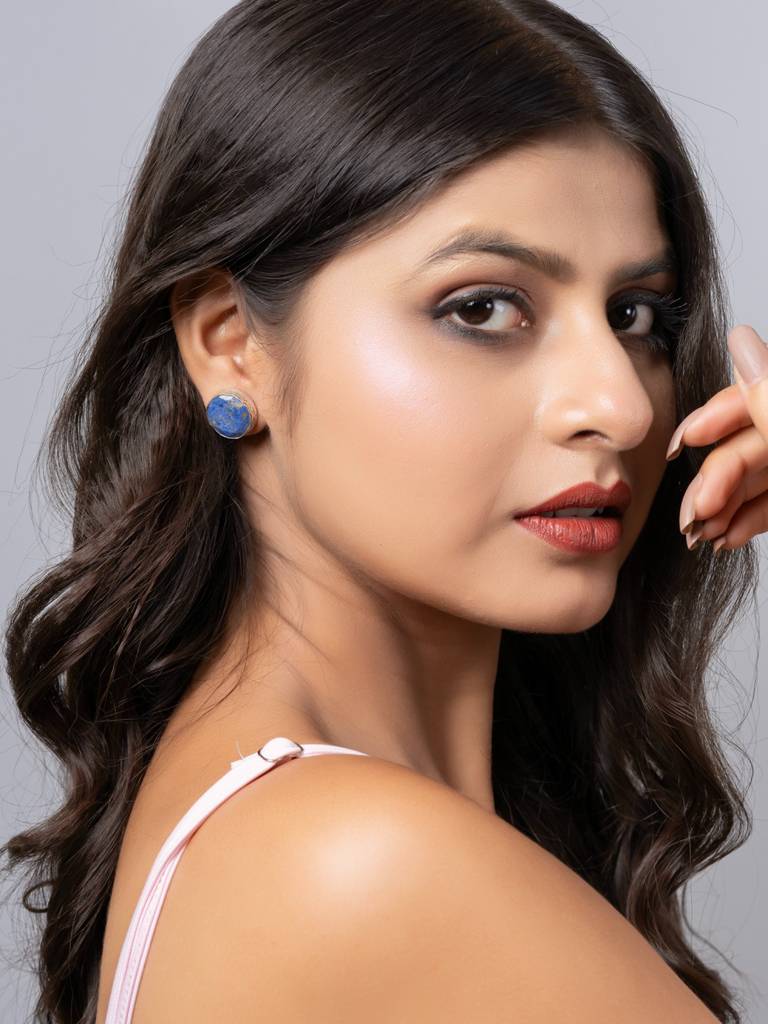 Semi Precious Lapis Lazuli Oxidized Silver Circular Stud Earrings : LAAER818