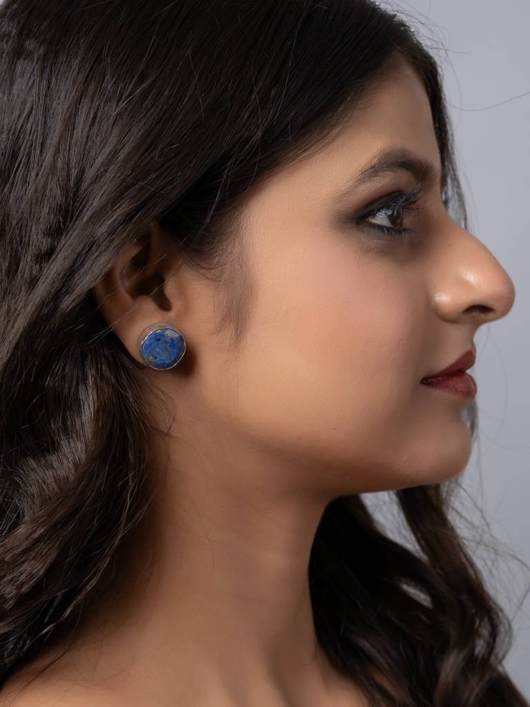 Semi Precious Lapis Lazuli Oxidized Silver Circular Stud Earrings : LAAER818