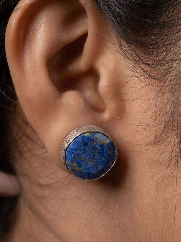 Semi Precious Lapis Lazuli Oxidized Silver Circular Stud Earrings : LAAER818