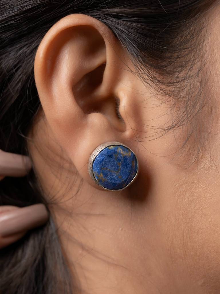 Semi Precious Lapis Lazuli Oxidized Silver Circular Stud Earrings : LAAER818