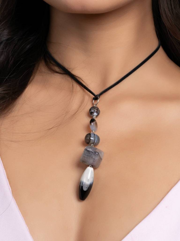 Semi Precious Black White Grey Onyx Agate Sleek Necklace With Adjustable Suede Cord : LAANP355