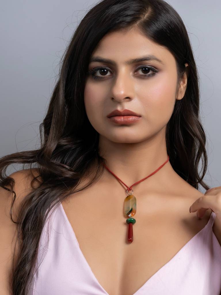 Semi Precious Green Rust Orange Onyx Agate Sleek Necklace With Adjustable Suede Cord : LAANP358