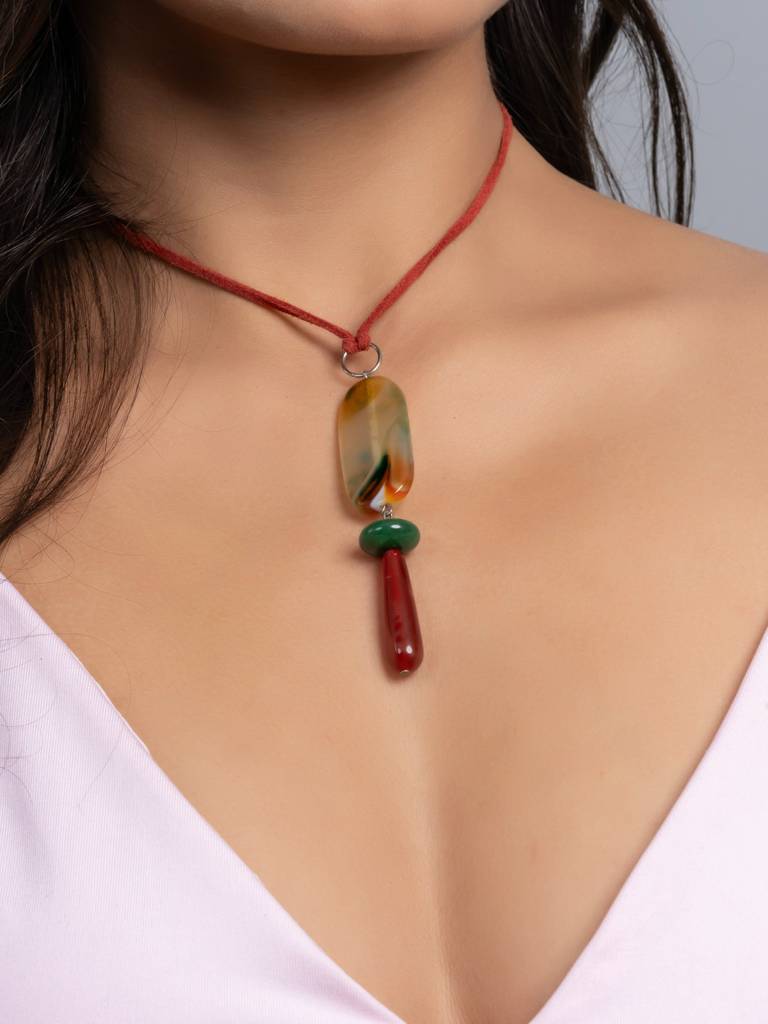 Semi Precious Green Rust Orange Onyx Agate Sleek Necklace With Adjustable Suede Cord : LAANP358