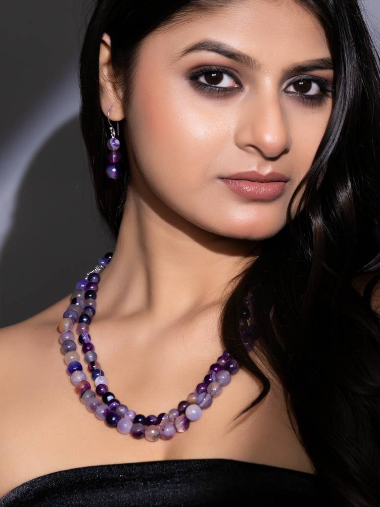 Semi Precious Purple Onyx Double Layered Necklace Set With Earrings : LAAJS03