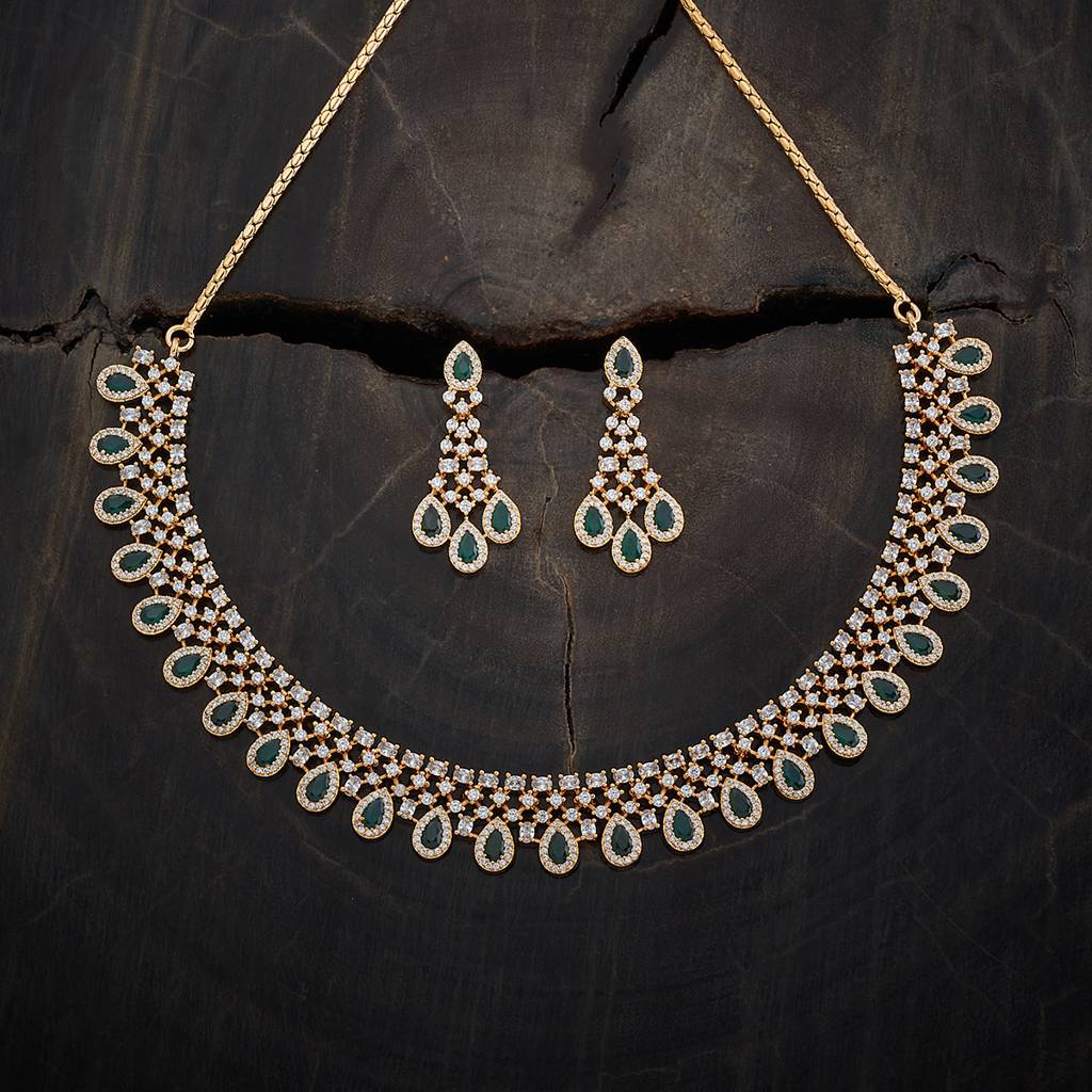 Green Gold-Plated Party Zircon Necklace Set-409933 : 409933