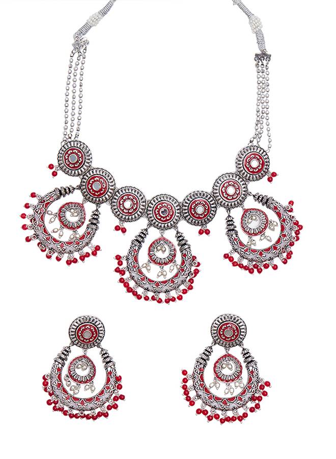 Festive Hues Enamelled Faux Pearls Adorned Silver Oxidised Jewellery Set : 8905124459012