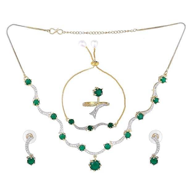 ion Jewelry Combo Of Choker Necklace Set For Women: Gold & Rhodium Plated Stylish & Elegant Green & W : OSAKCOM007-2TNGNNKERBRFN