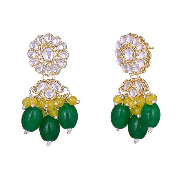 Estele Gold Plated Flower Designer Gehena Drop Earrings With Yellow & Green Bead For Women : PJ-003-IGYLGNER