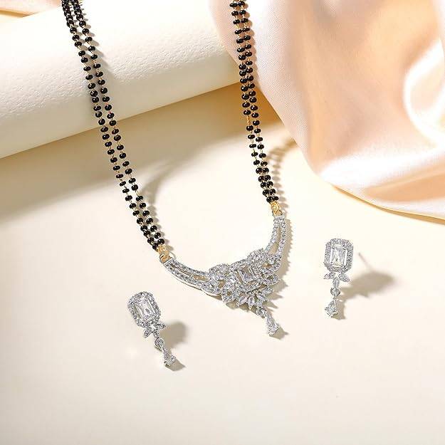 Gehena By Estele Fashion Jewelry Mangalsutra Necklace Set For Women: Rhodium Plated Graceful Mangalsutra  : OSAKMS004-IRWENKER
