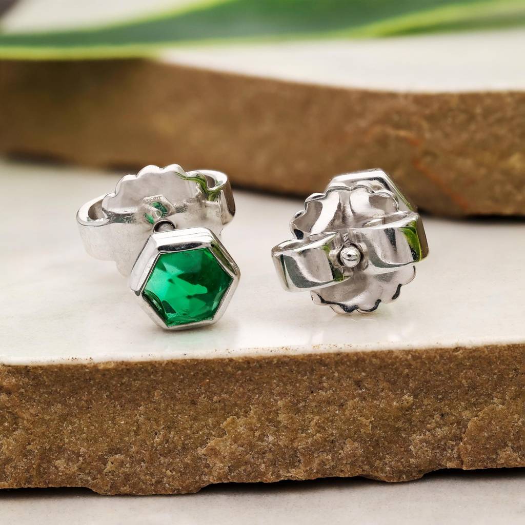 925 Silver Green Hexagon Studs | Emerald Cz Birthstone : SE_000764