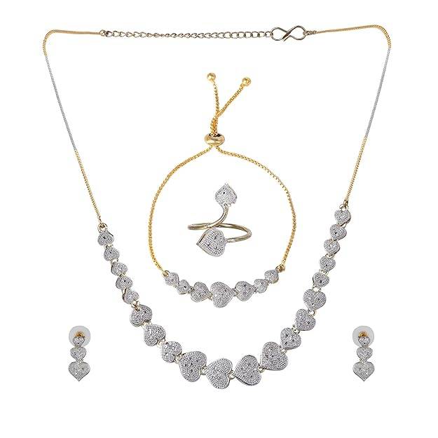 ion Jewelry Heart Design Necklace Set For Women: Gold & Rhodium Plated Elegant Heart Shape Necklace S : OSAKCOM014-2TNWENKERBRRN