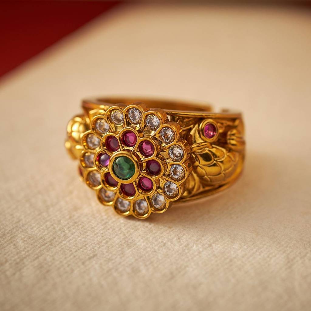 Kushal'S Fashion Jewellery Ruby-Green Gold-Plated Ethnic Antique Finger ...