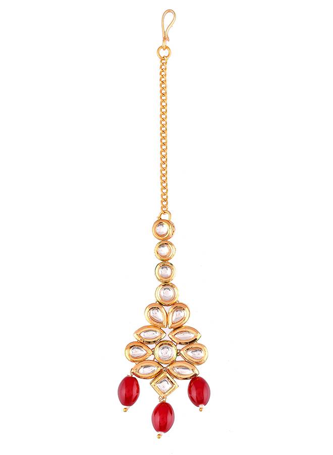 Kundan Elegance Red Beads And Faux Kundan Opulent Maang Tika Set : 8905124504170