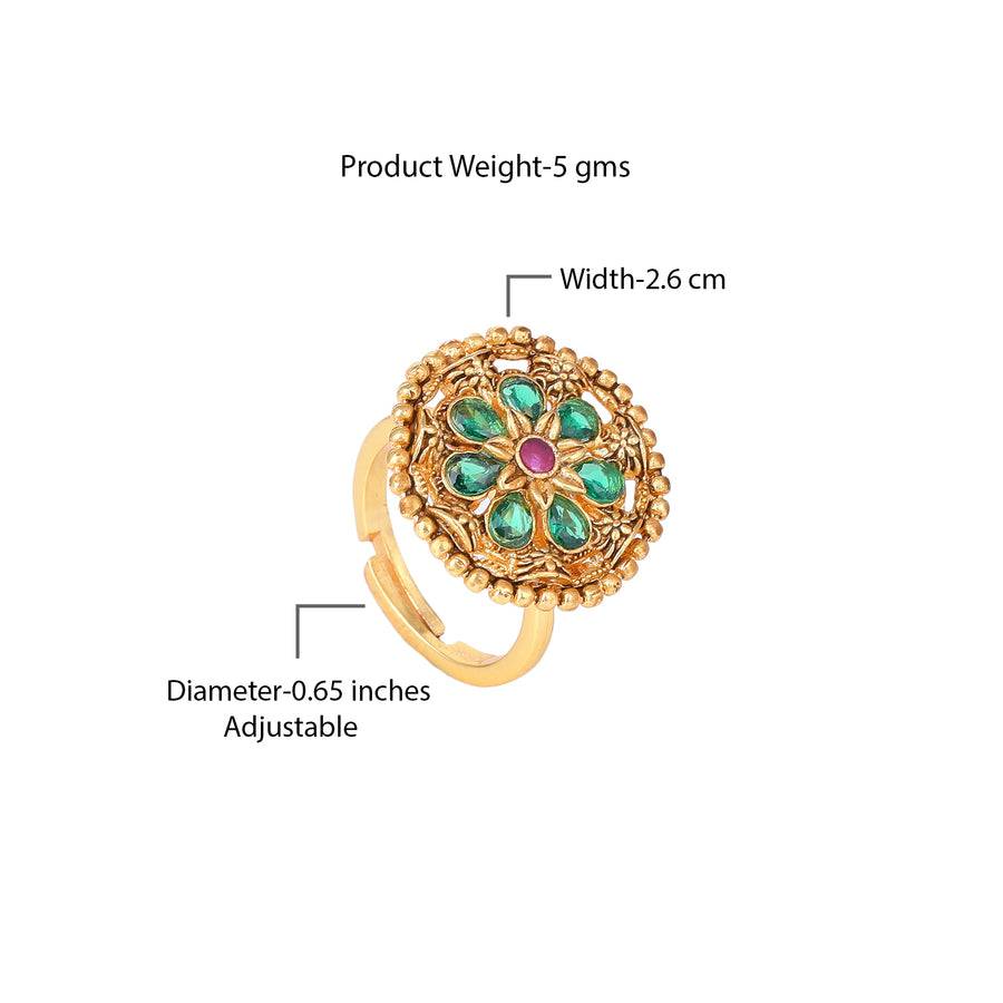 Estele Gold Plated Flower Designer Matte Finish Finger Ring With Multi-Color Crystals For Women : AD-150-IGGNRBRING