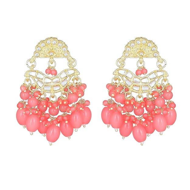 Estele Gold Plated Elegant Designer Gehena Drop Earrings With Mint Pink Beads For Women : PJ-012-IGMPER