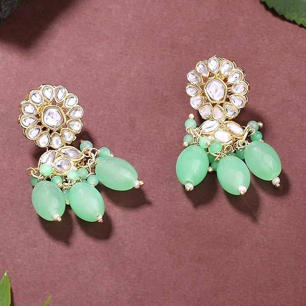 Estele Gold Plated Flower Designer Gehena Drop Earrings With Mint Green Beads For Women : PJ-003-IGMGER