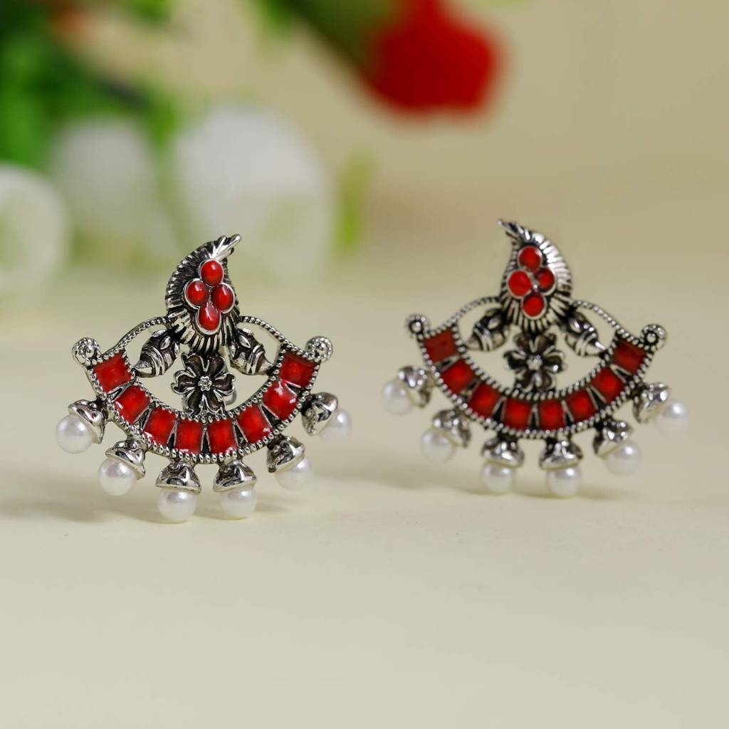 Estele Oxidised Silver Plated Afghani Tribal Beads Stud Earrings For Women : 751709-IGER