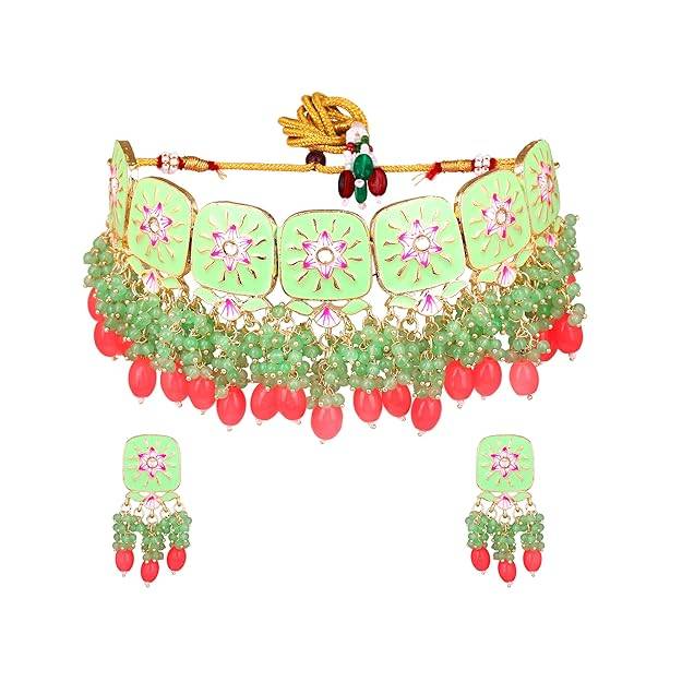 Estele Gold Plated Beautiful Gehena Choker Necklace Set With Mint Pink & Green Beads For Women : PJ-032-IGMGMPNKER
