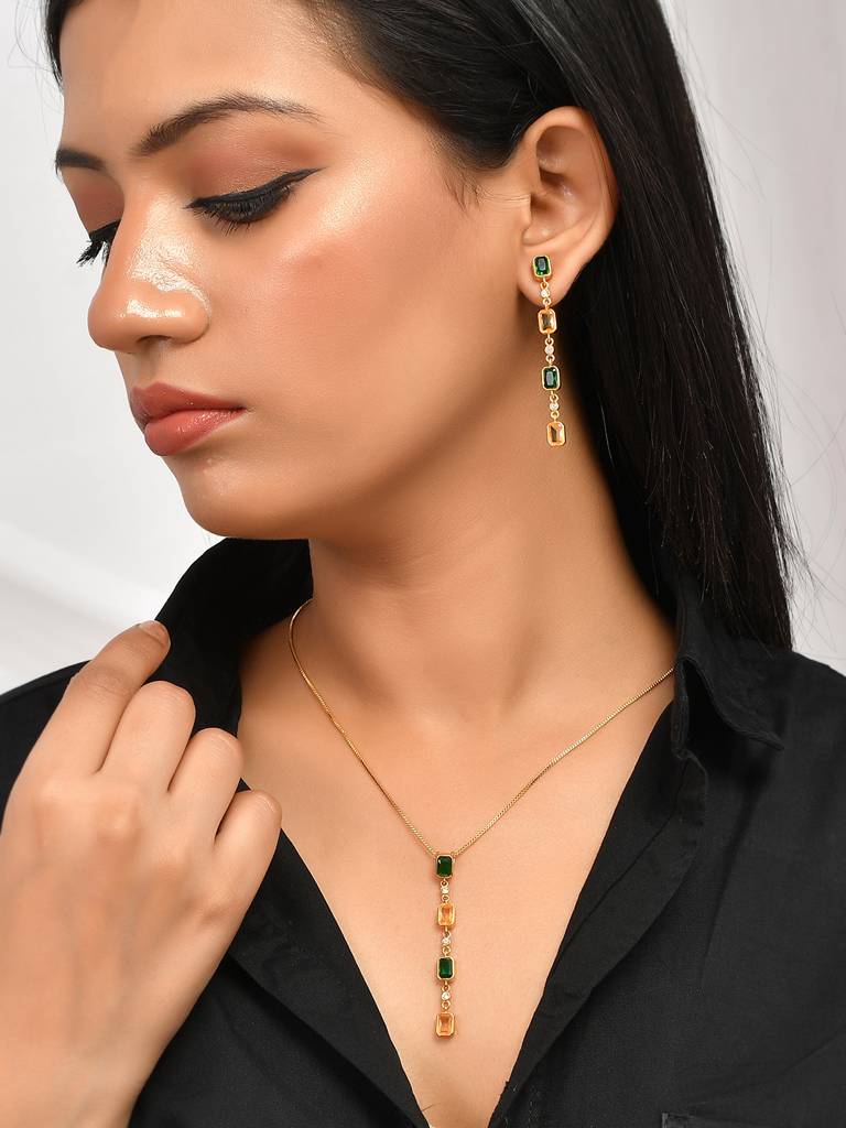 Mothers Day Green And Yellow Emerald Cz Pendant Set With Dangler Earrings : 8905124502060