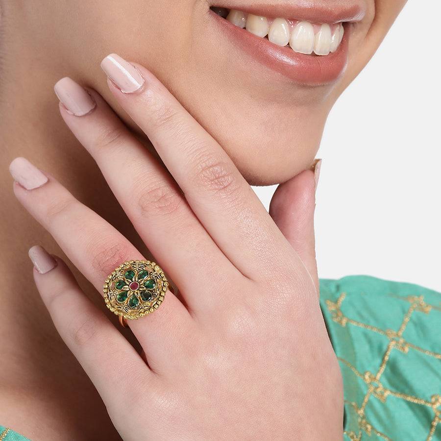 Estele Gold Plated Flower Designer Matte Finish Finger Ring With Multi-Color Crystals For Women : AD-150-IGGNRBRING