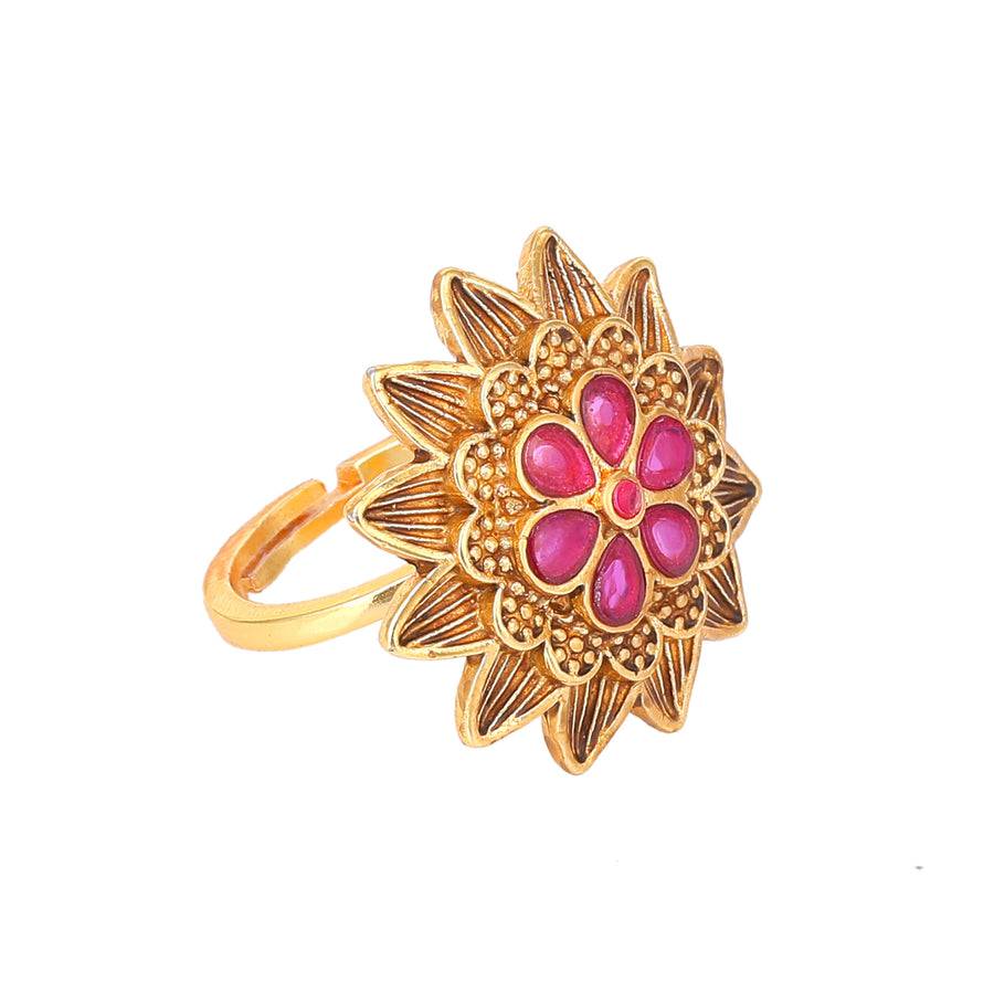 Estele Gold Plated Flower Designer Matte Finish Finger Ring With Ruby Crystals For Women. : AD-148-IGRBRING