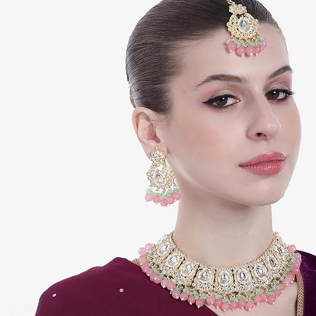 Estele Gold Plated Admirable Gehena Necklace Set & Maang Tikka With Mint Pink Beads For Women : PJ-039-IGMGMPNKERTK