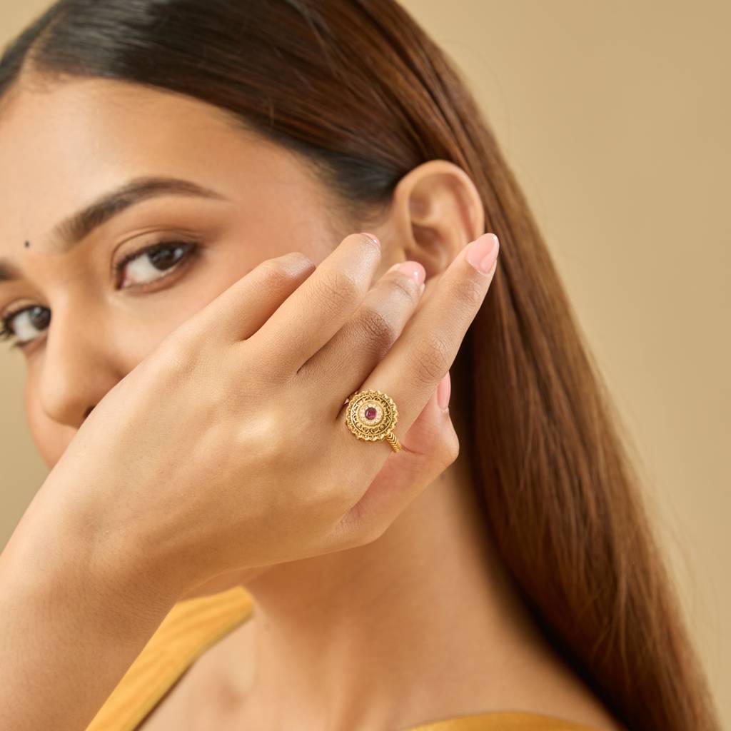 Ruby Gold-Plated Ethnic Antique Finger Ring-441571 : 441571