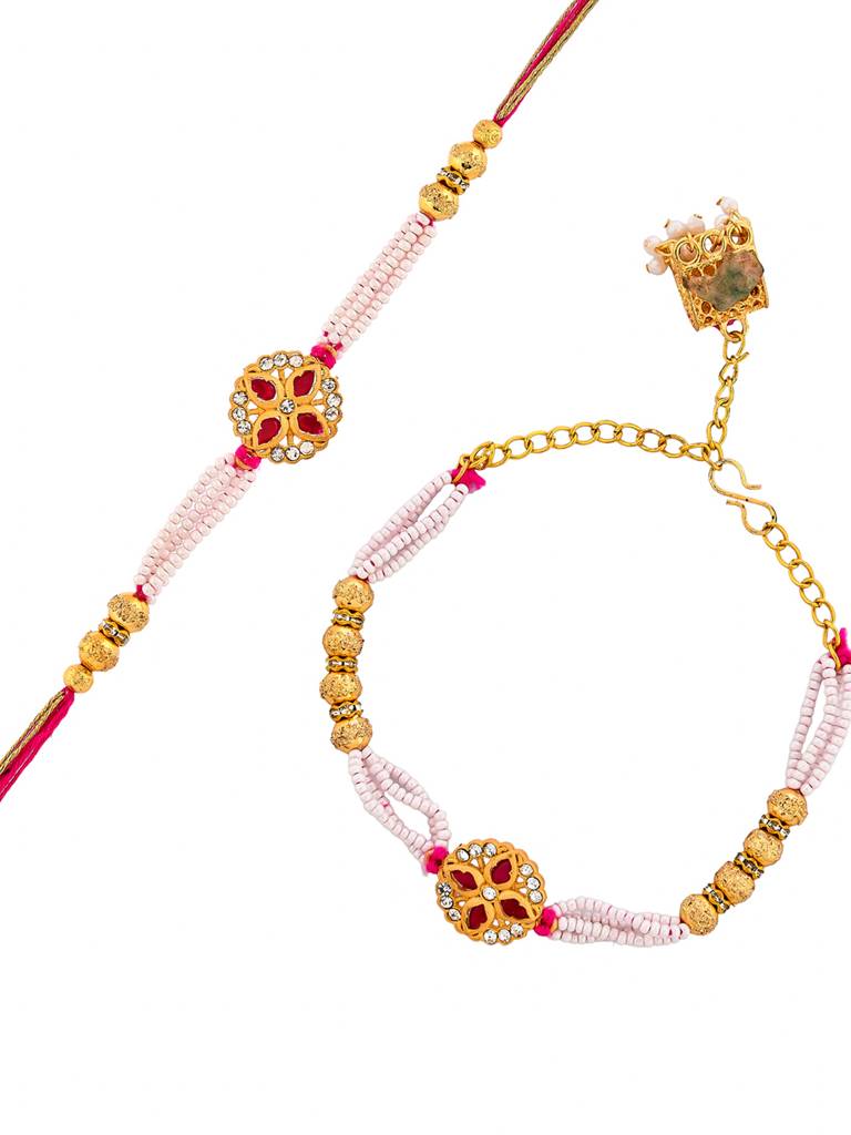 White Pearls And Golden Beads Bhaiya Bhabhi Lumba Rakhi : 8905124524901
