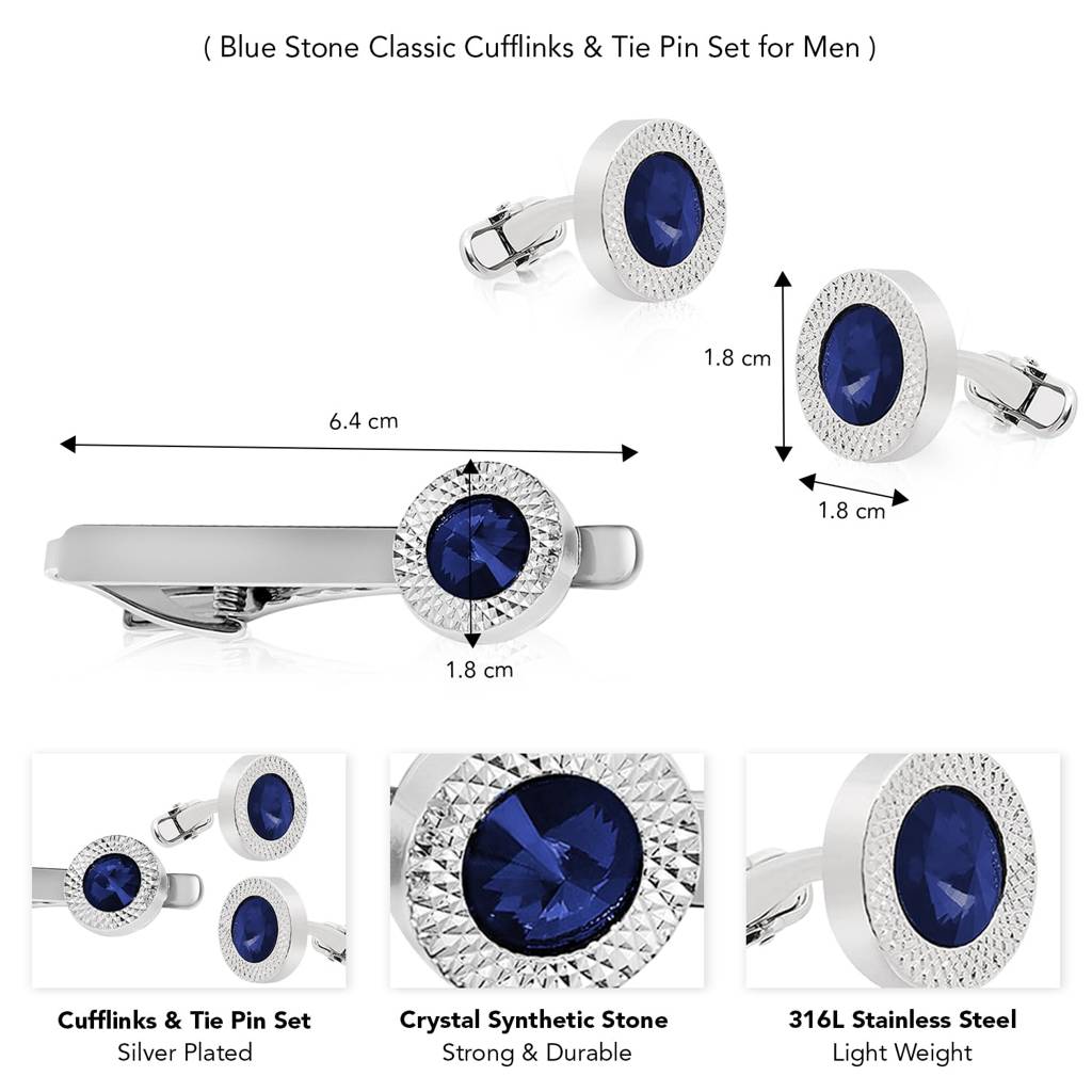 Silver Plated 316L Stainless Steel Blue Stone Classic Cufflinks & Tie Pin Set For Men Formal Business Accessories G : PX9TCL10