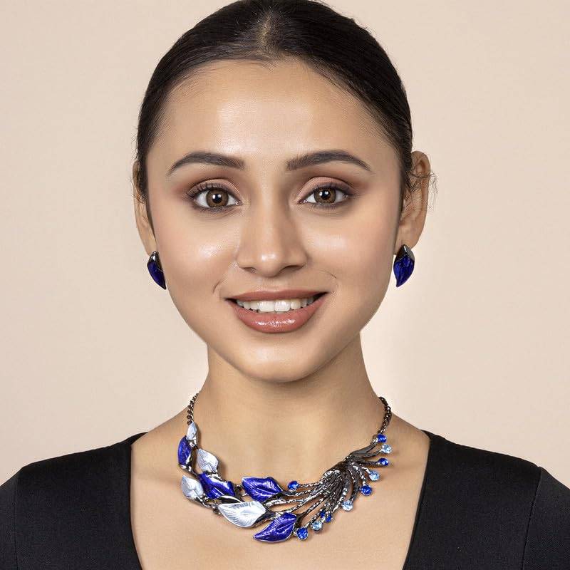 Splendid Statuesque Blue Colour Necklace Earring Set Gift For Women Girls : PX9N03