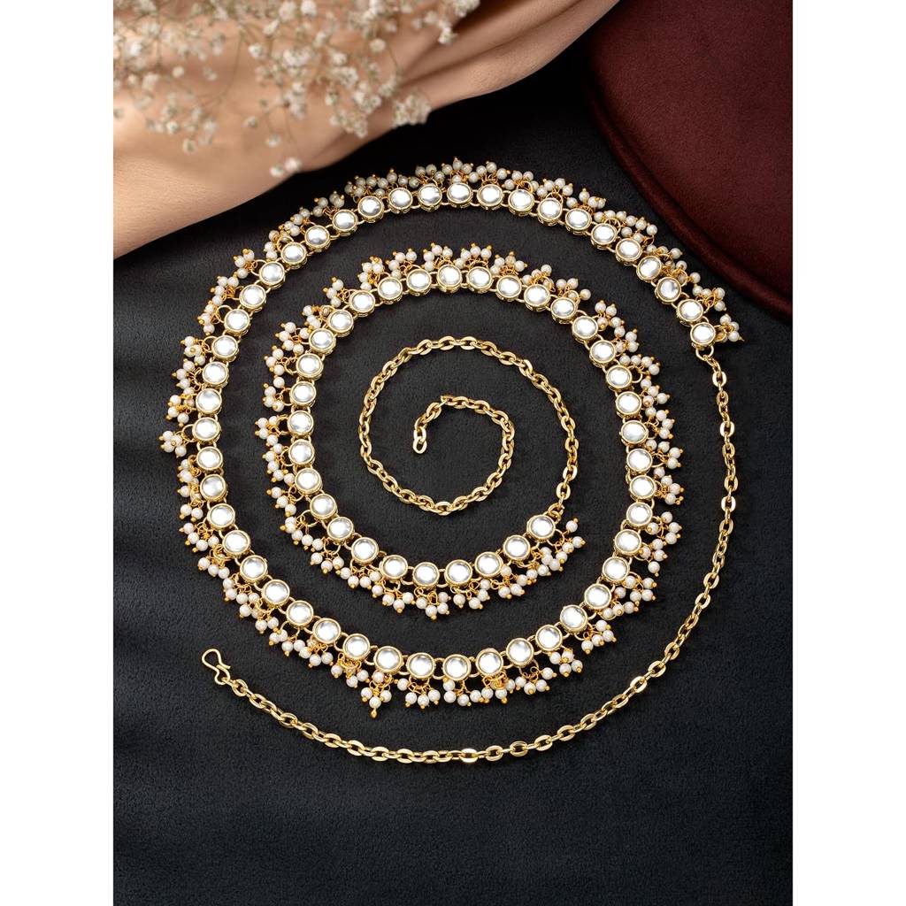 Traditional Jewellery Plated White Kundan Baby Pearl Waist Belt Kamar Bandh Belly Chain Gift For Women Girls-Pf2 : PF25BCH002W