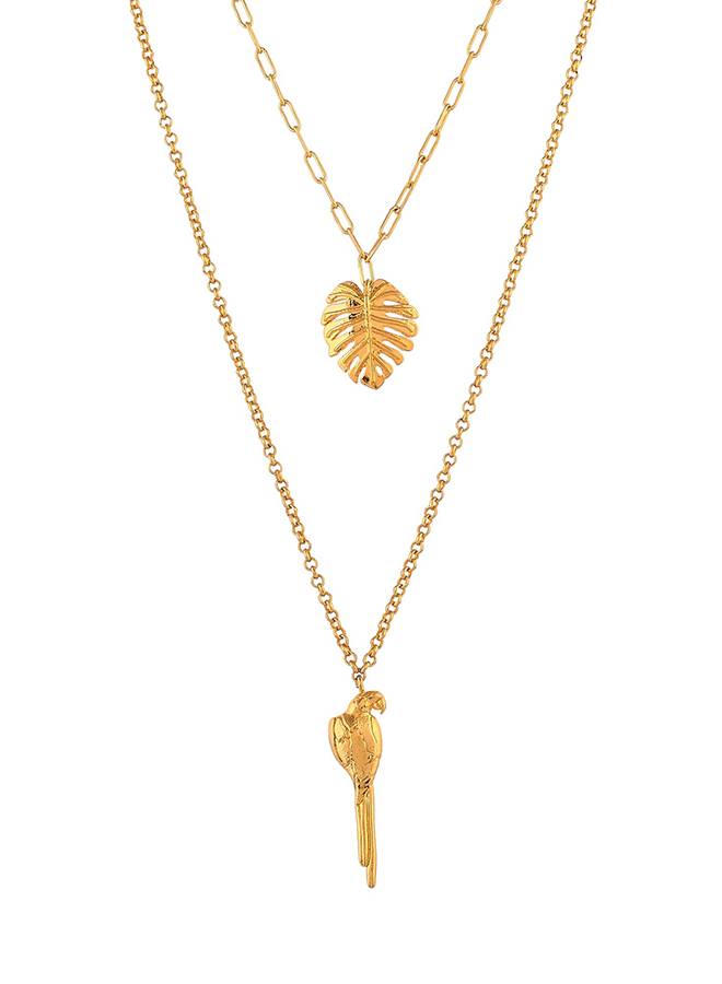 Voylla Hawaii Double-Layered Monstera And Tropical Bird Necklace : 8905124521702