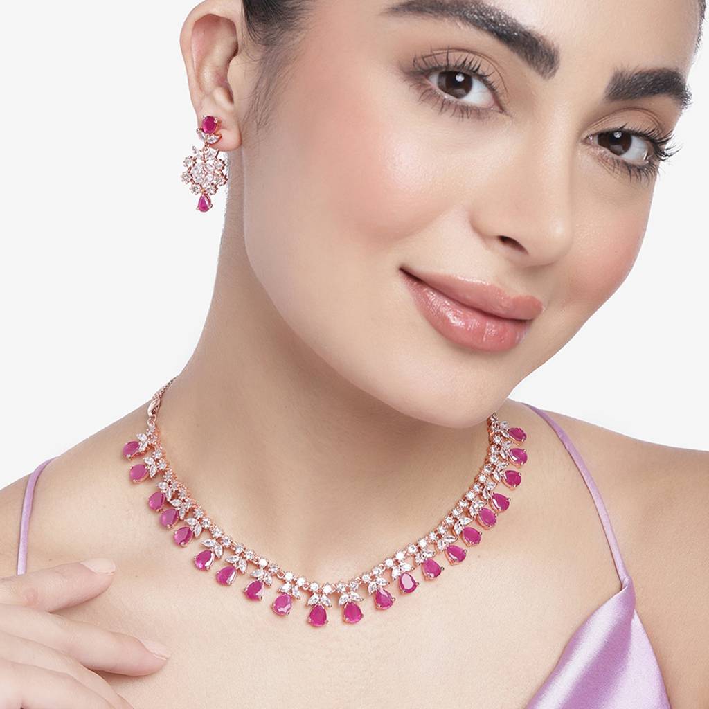 Estele Rose Gold Plated Cz Sparkling Necklace Set With Ruby & White Crystals For Women : AD-708-RG-RBNKER