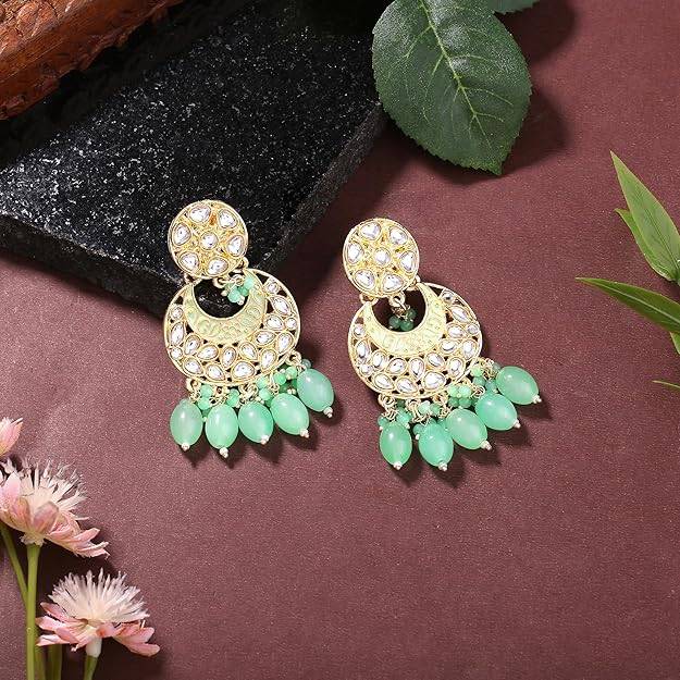 Estele Gold Plated Fascinating Gehena Chandbali Earrings With Mint Green Beads For Women : PJ-006-IGMGER