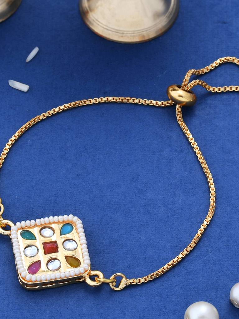 Cz Embellished Gold Toned Bracelet Style Rakhi : 8905124461459