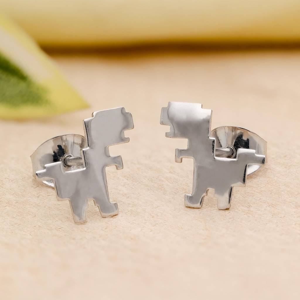 925 Silver Pixel Dinosaur Studs | Retro Gaming Gift : SE_000803