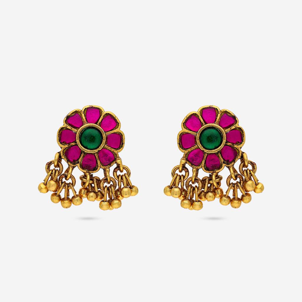Ruby-Green Gold-Plated Ethnic Antique Studs-449421 : 449421