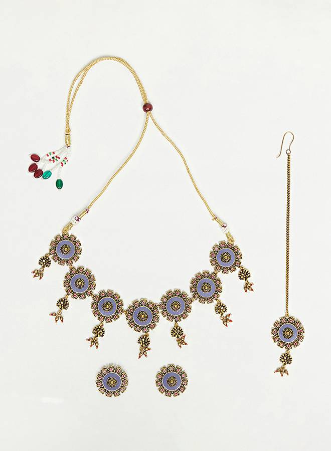 Arabian Nights Blue Enamel Faux Pearls Brass Antique Gold Plated Maang Tika Set : 8905124444544