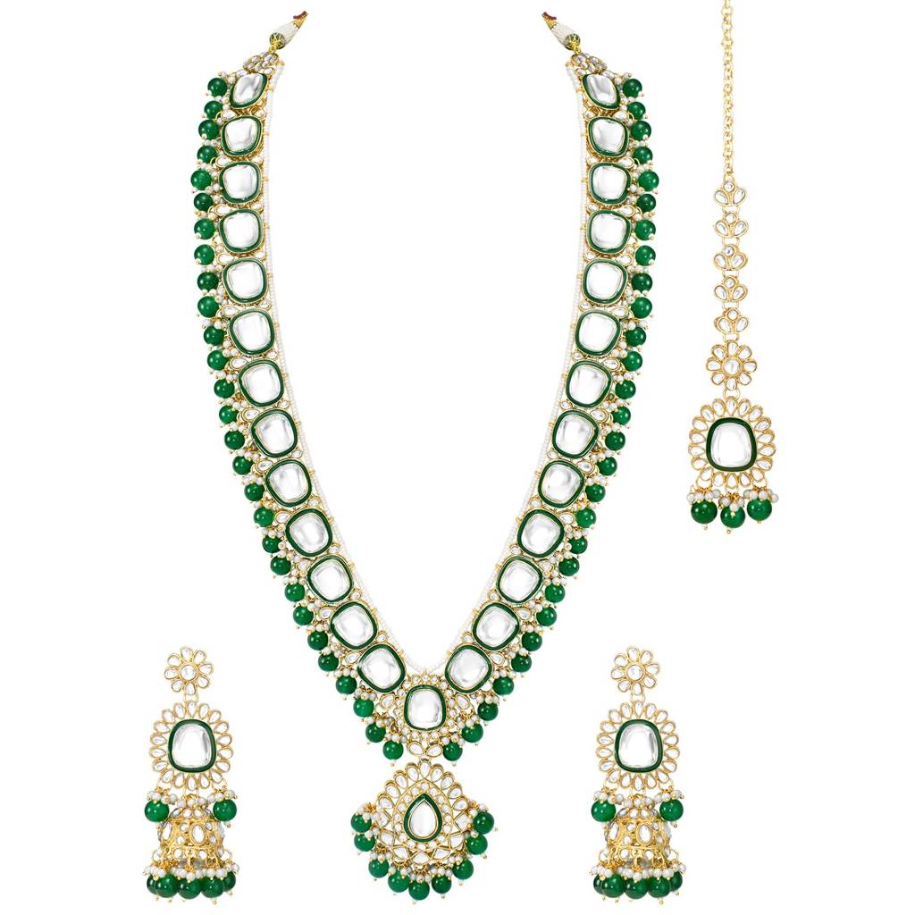 Gold Plated Green Kundan Studded Long Necklace Earrings And Maangtikka Set Ethnic Traditional Jewellery For Women  : PF28N314G