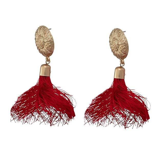 Estele Gold Plated Designer Egyptian Red Tassel Earrings For Women : 687709-IGER