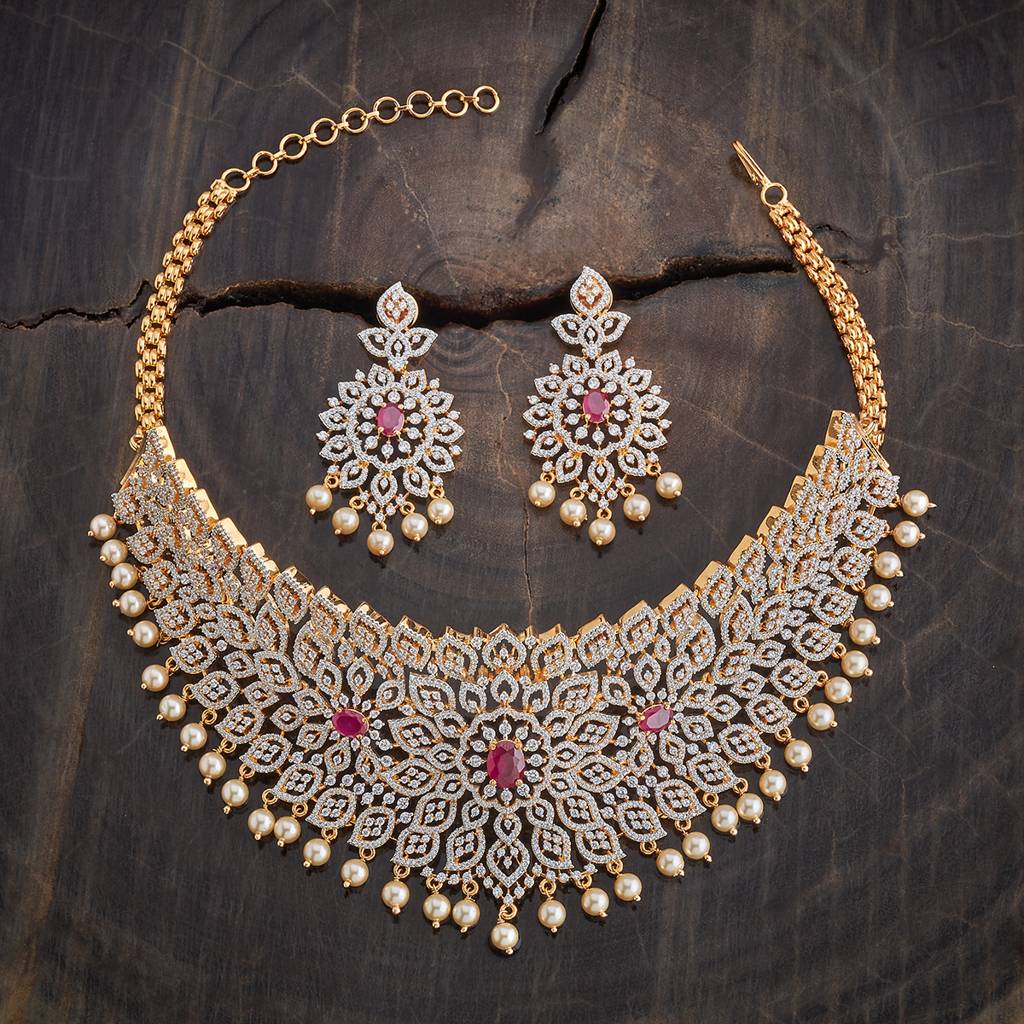 Kushal'S Fashion Jewellery Rhodium-Plated Ruby & Cubic Zirconia Studded Jewellery Set-178624 : 427681