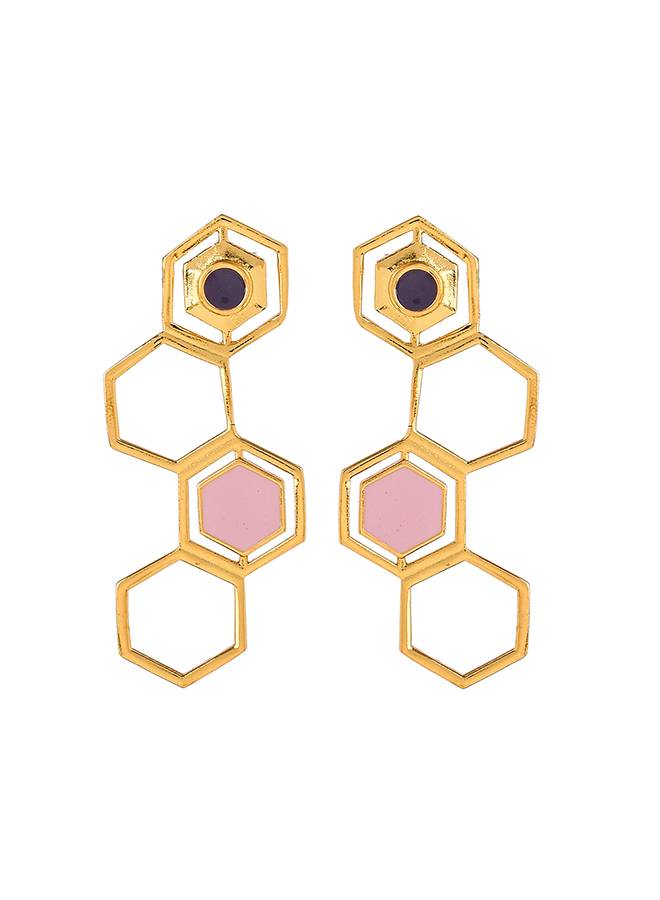 Benzene Gold Plated Hexagon Drop Earrings : 8905124456721