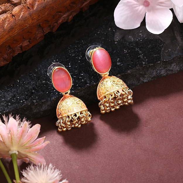 Estele Gold Plated Traditional Gehena Jhumka Earrings With Mint Pink Eanamel For Women : PJ-002-IGMPER