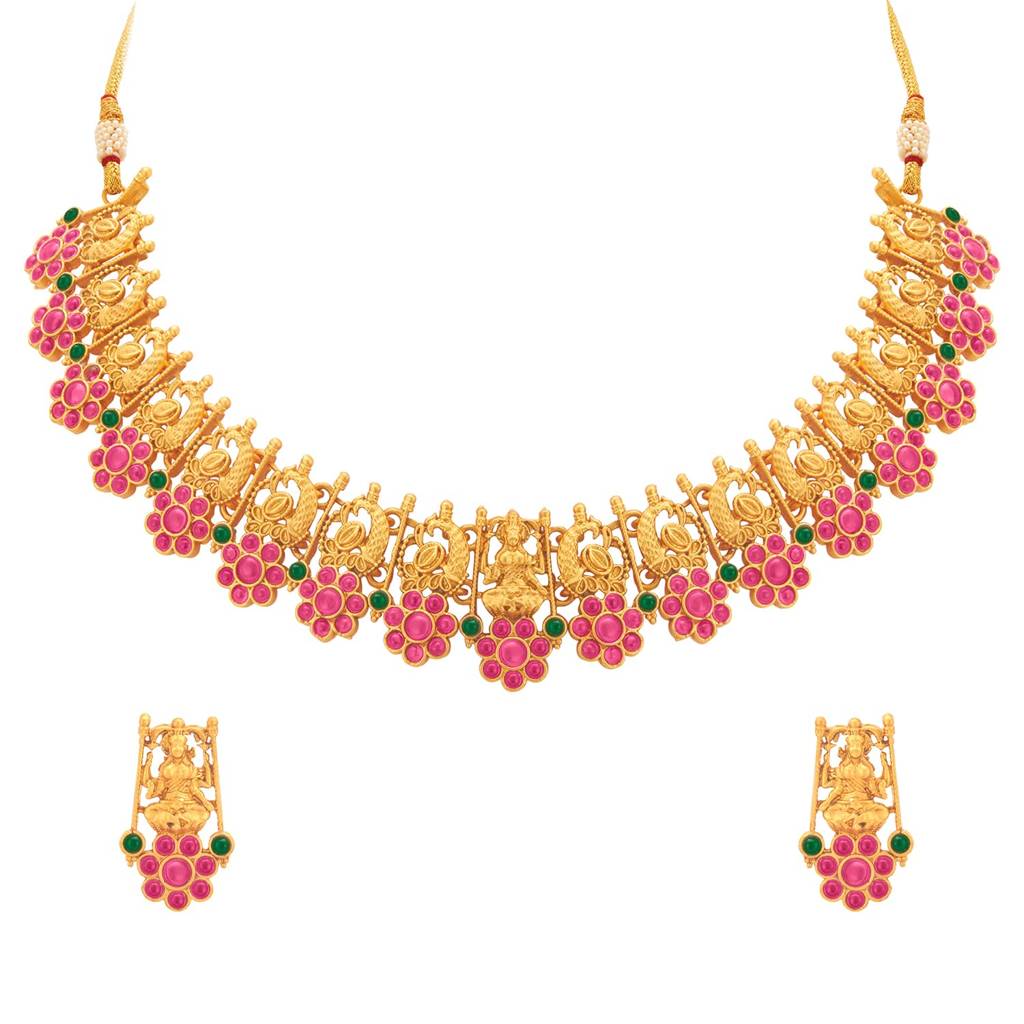Gold Plated Traditional Temple Jewellery Goddess Laxmi Choker Necklace With Drop Earrings For Women Girls : PF10N05RG