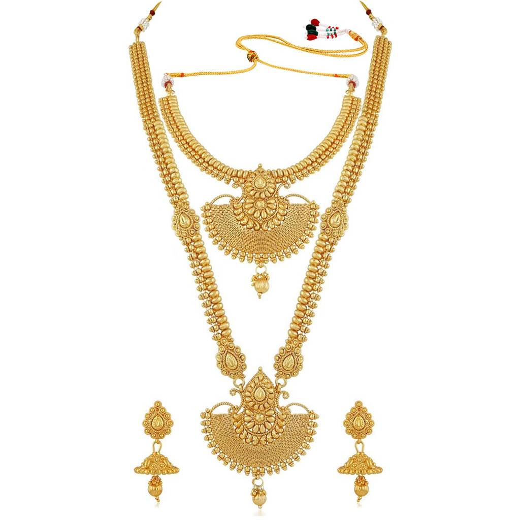 Traditional Ethnic Gold Plated Maharashtrian Celebration Wear Bridal Choker Long Haram Necklace With Jhumka Earrin : PF04BR328